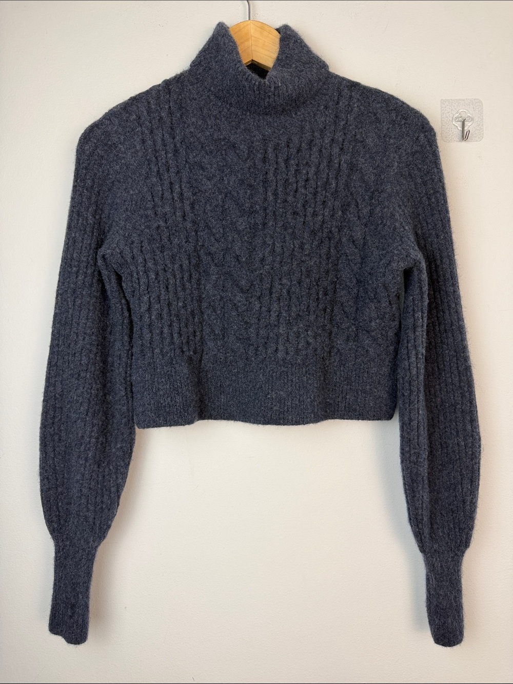 All Saints Claude Cropped Sweater Chunky Cable Knit Mock Neck Wool Blend SM Blue - Picture 10 of 16